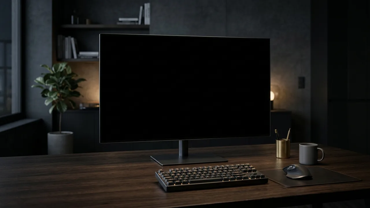 Commercial studio photography of a bezel-less OLED monitor showing pure black infinity contrast in a dim workspace