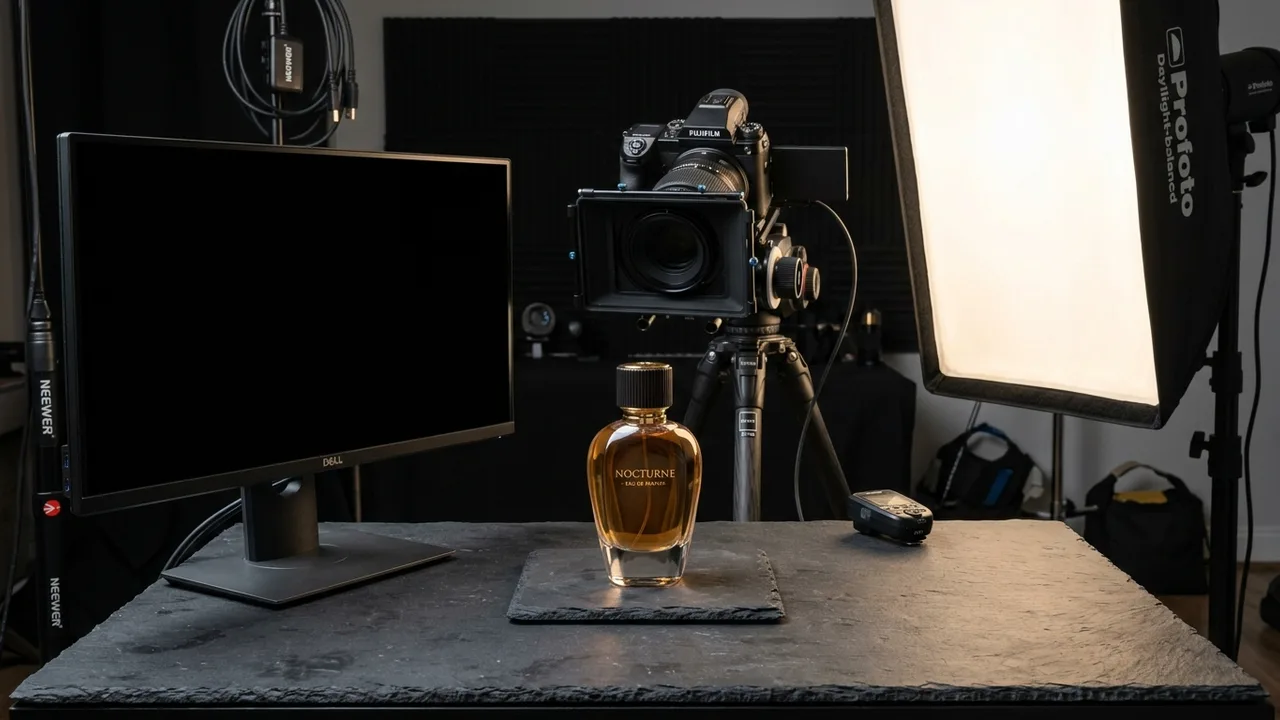 Professional product photography studio using an unlit black monitor screen as a negative fill flag on luxury perfume