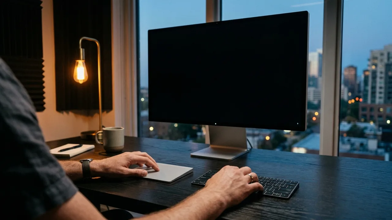 Editorial photography of creator hands working in twilight with calibrated black screen display to eliminate screen glare